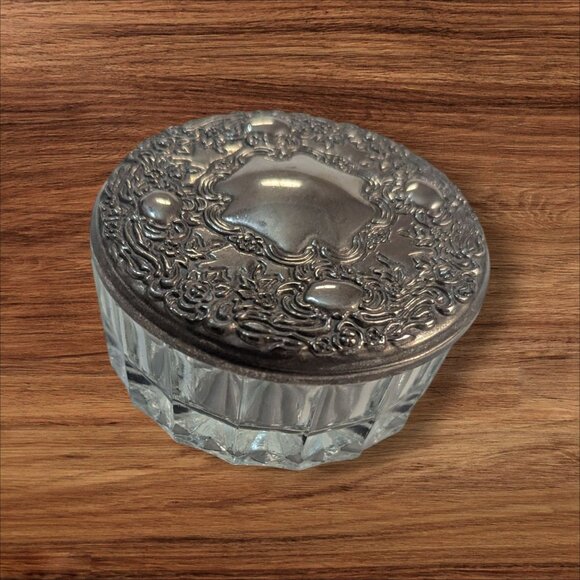 Vintage Glass Powder Jar With Ornate Silver-Tone Lid 3.5" Diameter Preowned - Picture 1 of 9